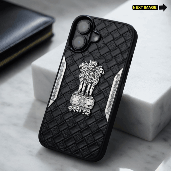 Black Satyameva Jayate embossed Leather Case for Apple iphone 16 - The Hatke