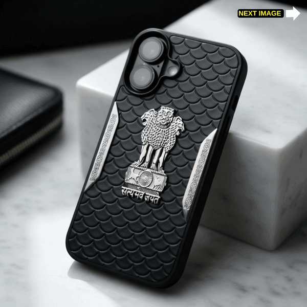 Black Satyameva Jayate embossed Leather Case for Apple iphone 16 - The Hatke