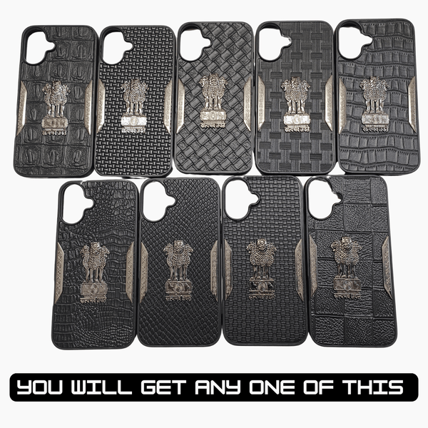 Black Satyameva Jayate embossed Leather Case for Apple iphone 16 Plus - The Hatke