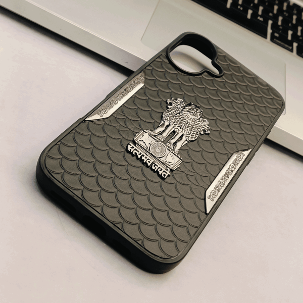 Black Satyameva Jayate embossed Leather Case for Apple iphone 16 Plus - The Hatke