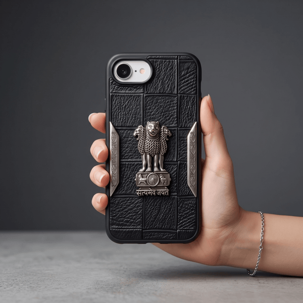 Black Satyameva Jayate embossed Leather Case for Apple iphone 17e - The Hatke