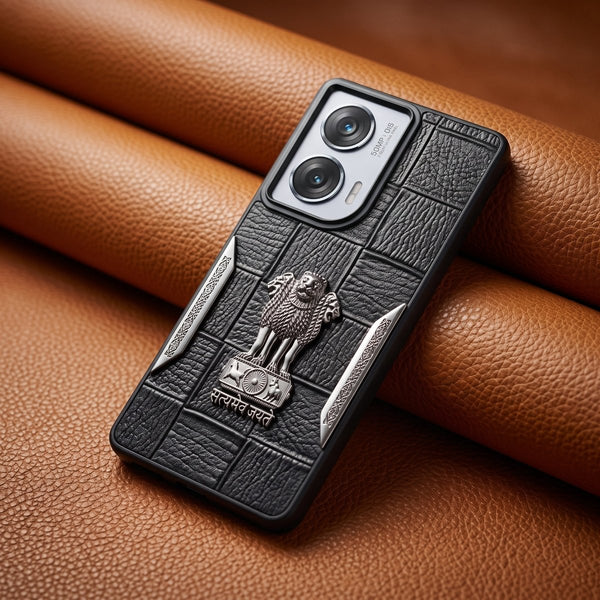 Black Satyameva Jayate embossed Leather Case for Motorola G85 - The Hatke