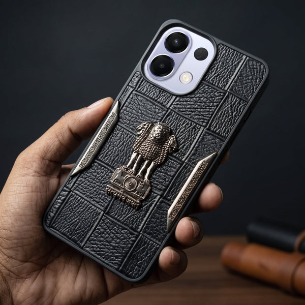Black Satyameva Jayate embossed Leather Case for Oppo K13 - The Hatke