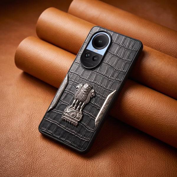 Black Satyameva Jayate embossed Leather Case for Oppo Reno 10 Pro - The Hatke