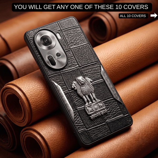 Black Satyameva Jayate embossed Leather Case for Oppo Reno 11 - The Hatke