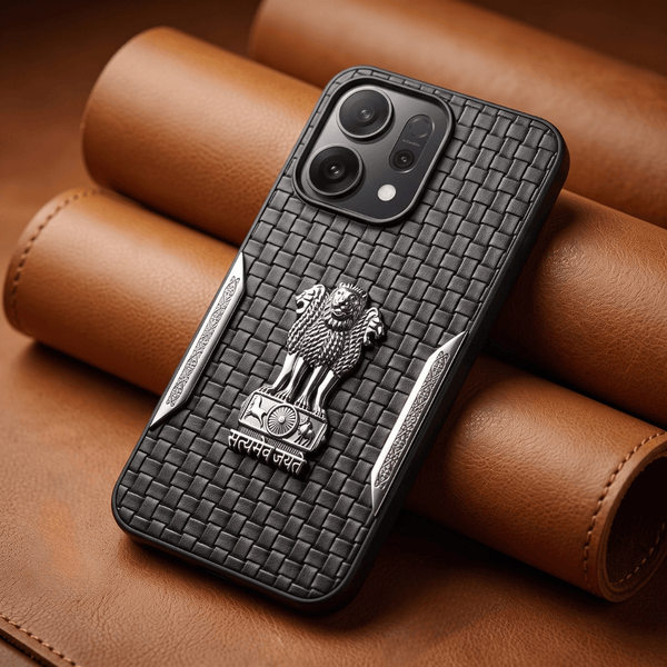 Black Satyameva Jayate embossed Leather Case for Oppo Reno 14 - The Hatke