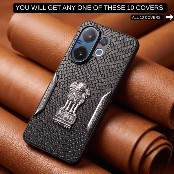 Black Satyameva Jayate embossed Leather Case for Vivo V60 - The Hatke