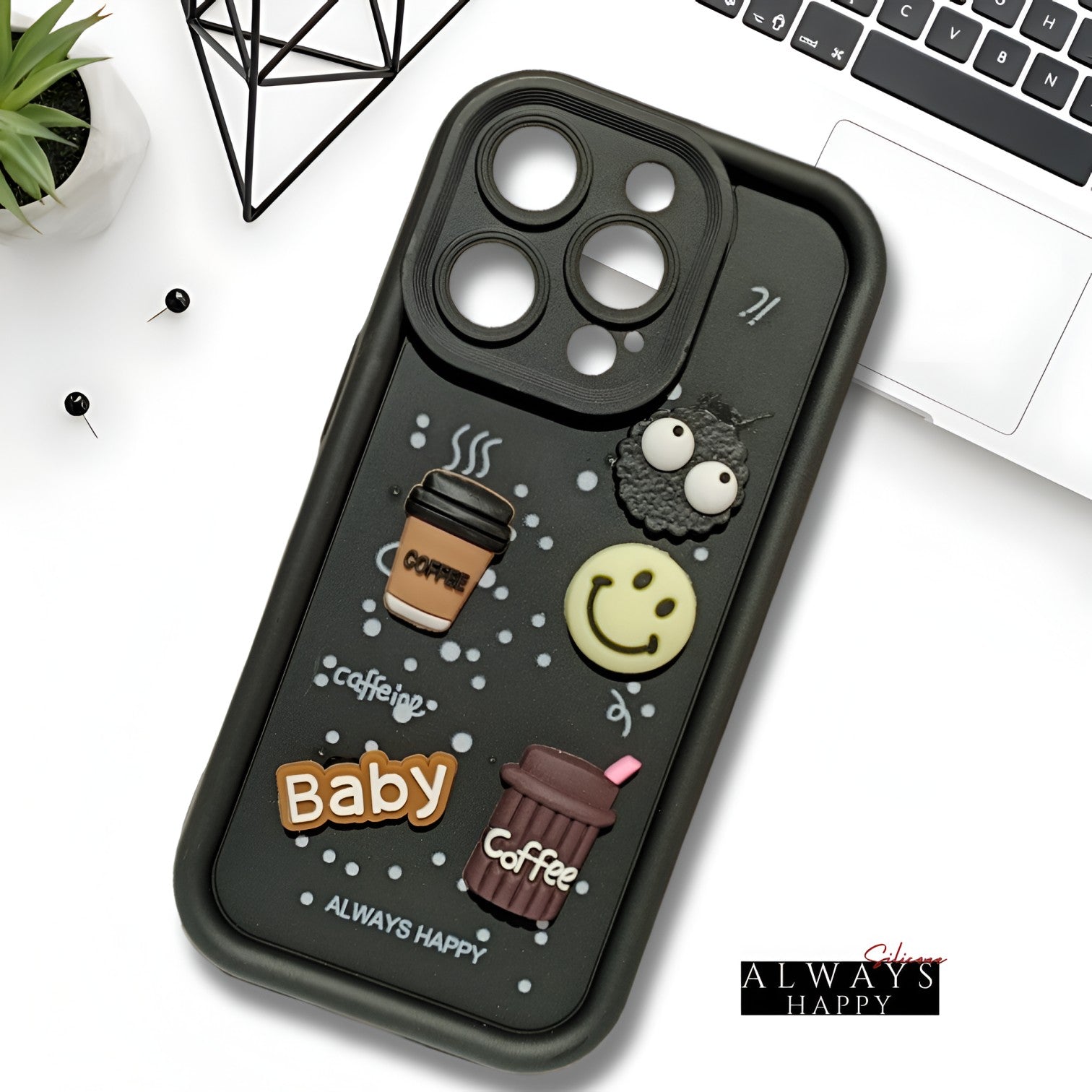 Black  COFFEE (ALWAYS HAPPY) Silicone case for Apple iphone 15 Pro