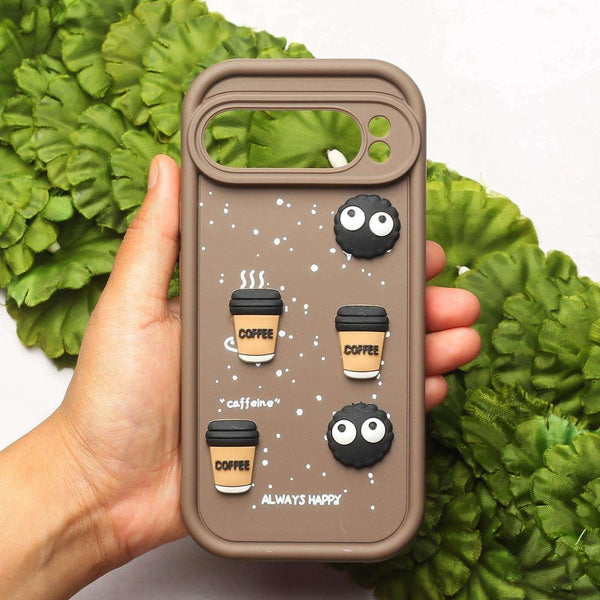 Brown COFFEE (ALWAYS HAPPY) Silicone case for Google Pixel 9 Pro XL - The Hatke