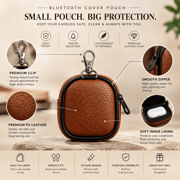 Brown Premium Bluetooth Earbuds Cover Pouch - The Hatke
