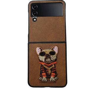 Brown Leather Bulldog Ornamented  case for Samsung Galaxy Z FLIP 4