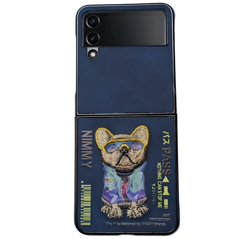 Dark Blue Leather Pass Bulldog Ornamented  case for Samsung Galaxy Z FLIP 4