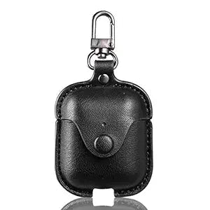 Button Black Leather Case For Apple Airpods 1/2 - The Hatke