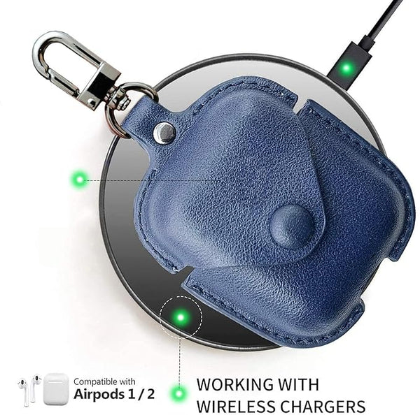 Button Dark Blue Leather Case For Apple Airpods 1/2 - The Hatke