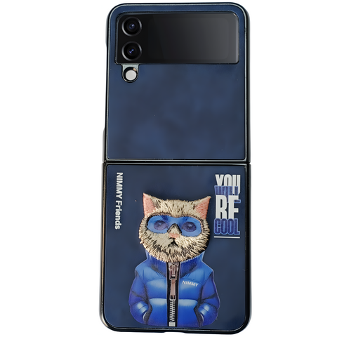 Dark Blue Leather Cool Cat Ornamented  case for Samsung Galaxy Z FLIP 3