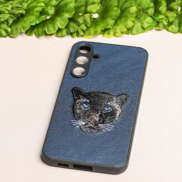 Dark Blue Leather Black Panther Camera Ornamented for Samsung S23 FE - The Hatke