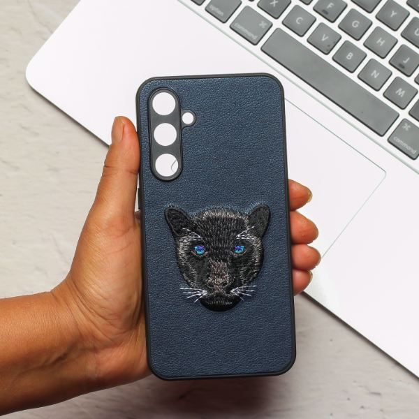 Dark Blue Leather Black Panther Camera Ornamented for Samsung S23 FE - The Hatke