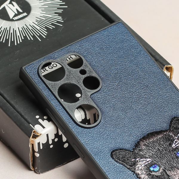 Dark Blue Leather Black Panther Camera Ornamented for Samsung S23 Ultra - The Hatke