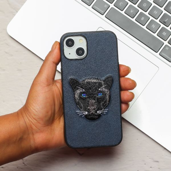 Dark Blue Leather Black Panther Ornamented for Apple Iphone 13 - The Hatke