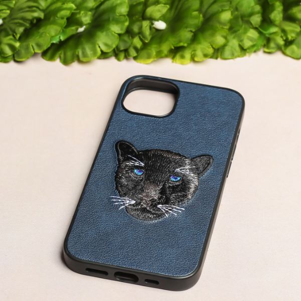 Dark Blue Leather Black Panther Ornamented for Apple Iphone 13 - The Hatke