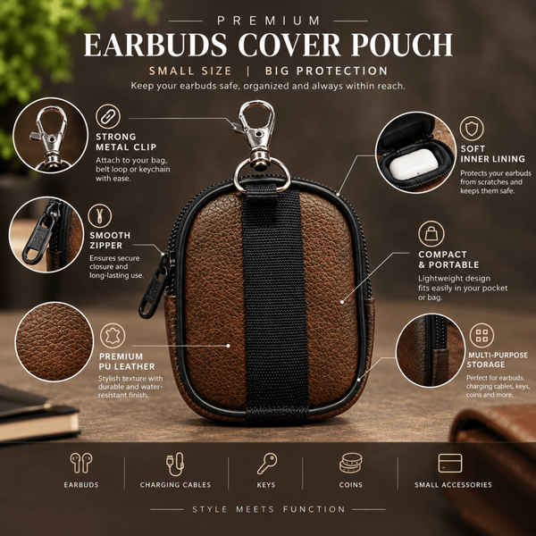 Dark Brown Premium Bluetooth Earbuds Cover Pouch - The Hatke