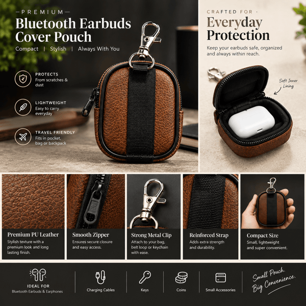 Dark Brown Premium Bluetooth Earbuds Cover Pouch - The Hatke