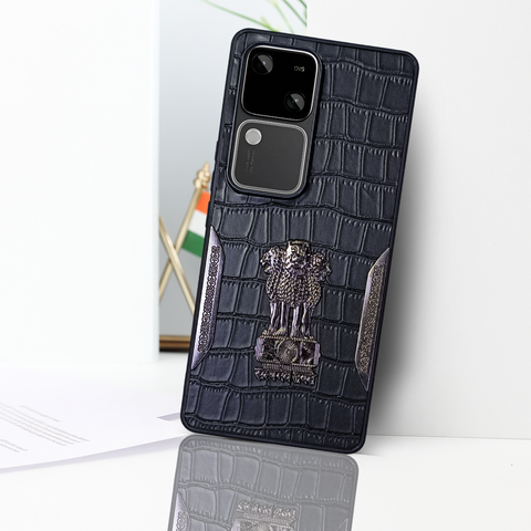 Black (Design 1) Satyameva Jayate embossed Leather Case for Vivo V30