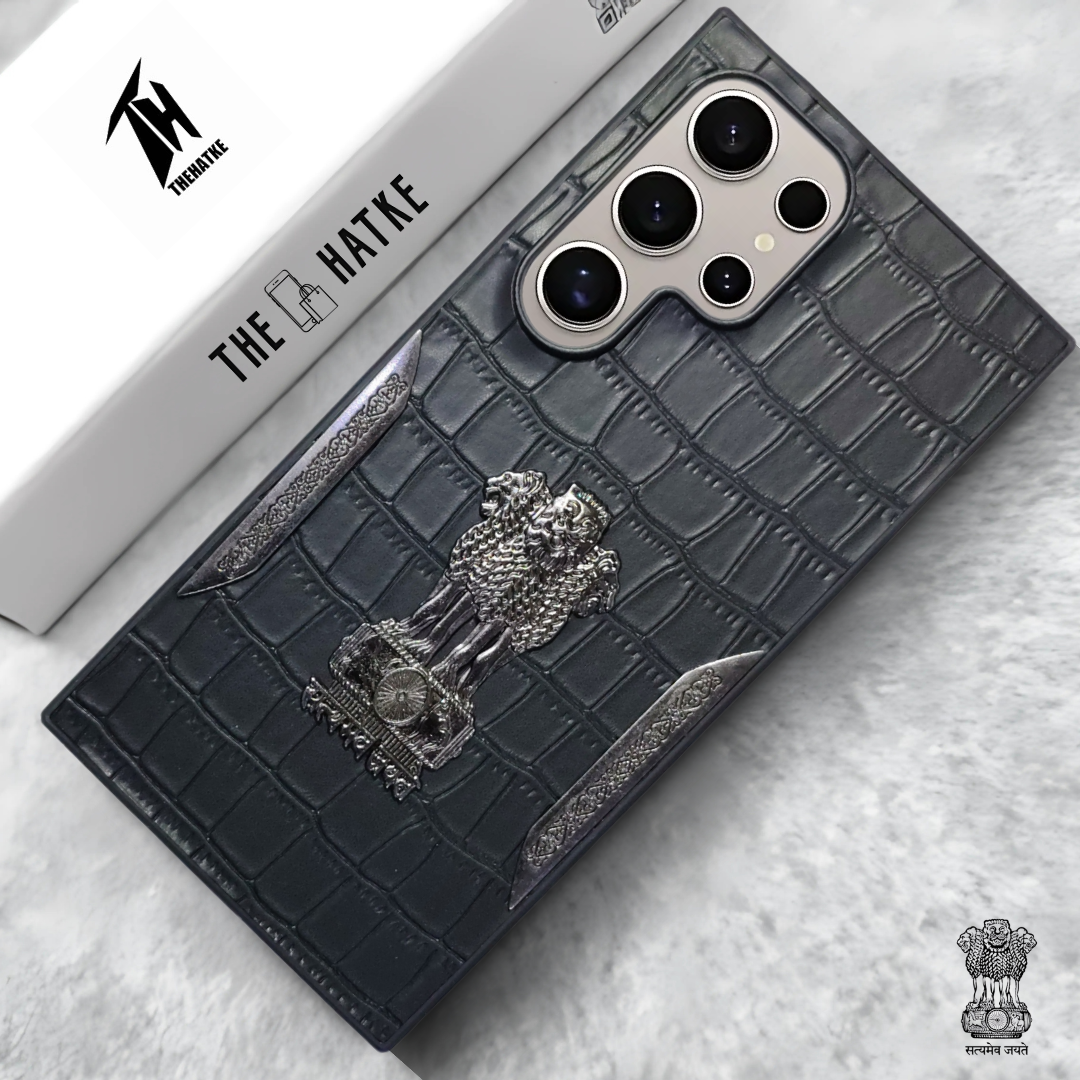 Black (Design 1) Satyameva Jayate embossed Leather Case for Samsung S23 Ultra