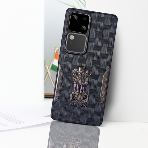 Black (Design 2) Satyameva Jayate embossed Leather Case for Vivo V30