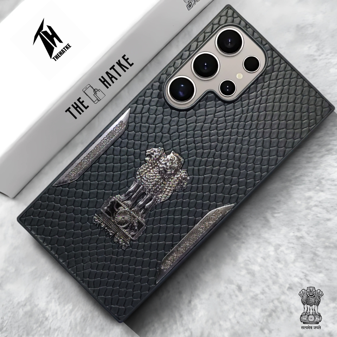 Black (Design 3) Satyameva Jayate embossed Leather Case for Samsung S23 Ultra