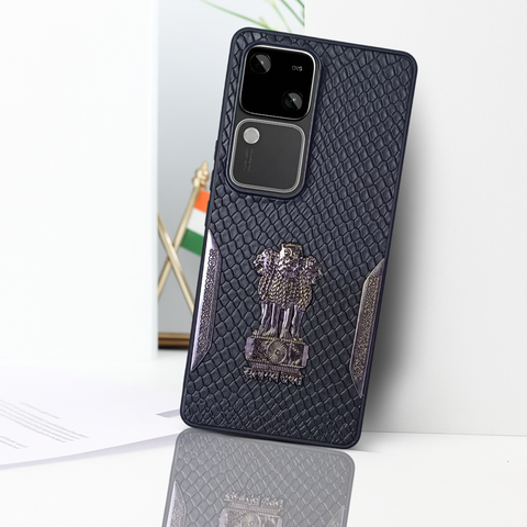 Black (Design 3) Satyameva Jayate embossed Leather Case for Vivo V30