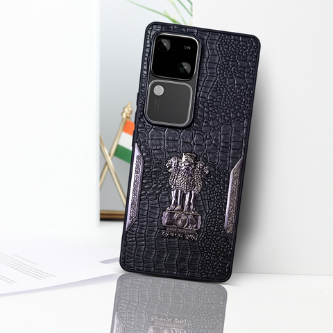 Black (Design 5) Satyameva Jayate embossed Leather Case for Vivo V30