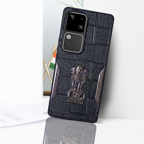 Black (Design 6) Satyameva Jayate embossed Leather Case for Vivo V30