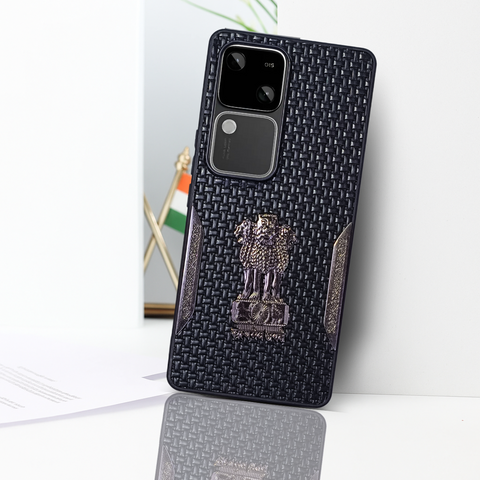 Black (Design 7) Satyameva Jayate embossed Leather Case for Vivo V30