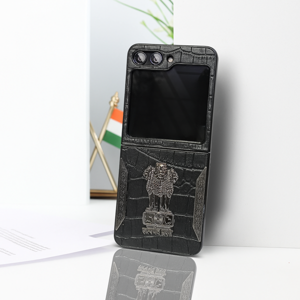 Black (Pattern 5) Satyameva Jayate embossed Leather Case for Samsung Galaxy Z FLIP 6