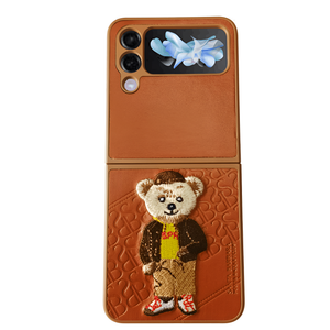 Brown Leather Brown Shirt Teddy Ornamented case for Samsung Galaxy Z FLIP 4