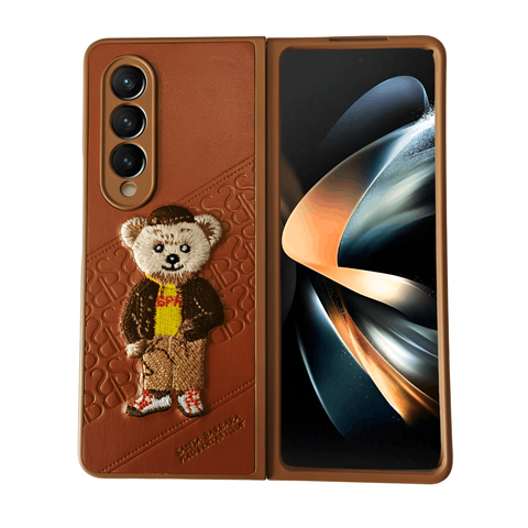 Brown Leather Brown shirt Teddy Ornamented for Samsung Galaxy Z Fold 4