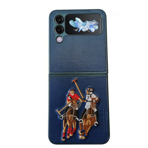 Dark Blue Leather Dual Horse Rider Ornamented case for Samsung Galaxy Z FLIP 4