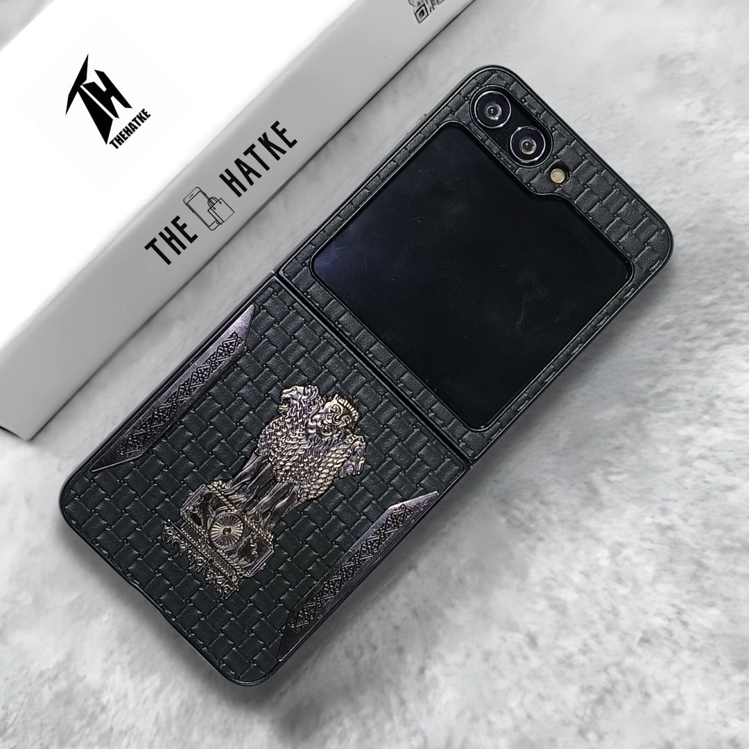 Black (Pattern 2) Satyameva Jayate embossed Leather Case for Samsung Galaxy Z FLIP 6