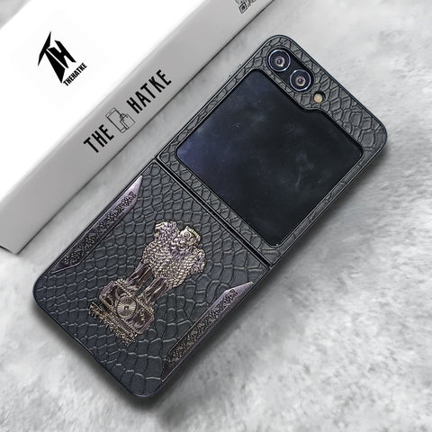 Black (Pattern 4) Satyameva Jayate embossed Leather Case for Samsung Galaxy Z FLIP 6
