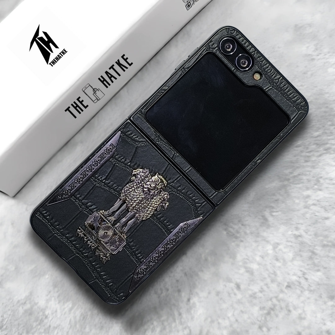 Black (Pattern 5) Satyameva Jayate embossed Leather Case for Samsung Galaxy Z FLIP 6