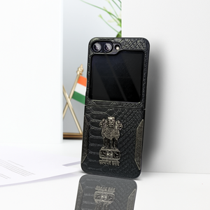 Black (Pattern 12) Satyameva Jayate embossed Leather Case for Samsung Galaxy Z Flip 5