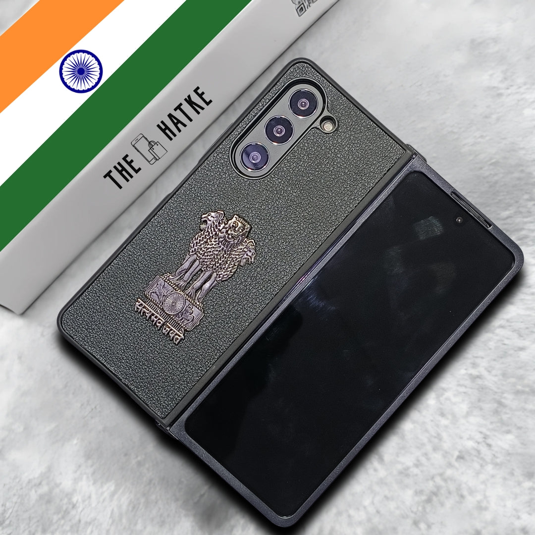 Black Satyameva Jayate embossed Leather Case for Samsung Galaxy Z Fold 5
