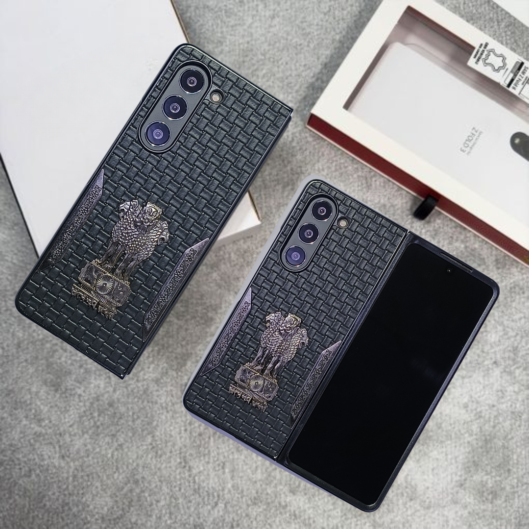 Black (Pattern 2) Satyameva Jayate embossed Leather Case for Samsung Galaxy Z Fold 5
