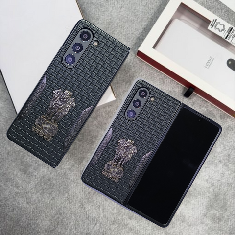 Black (Pattern 2) Satyameva Jayate embossed Leather Case for Samsung Galaxy Z Fold 5