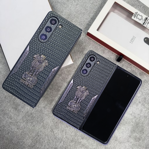 Black (Pattern 3) Satyameva Jayate embossed Leather Case for Samsung Galaxy Z Fold 5