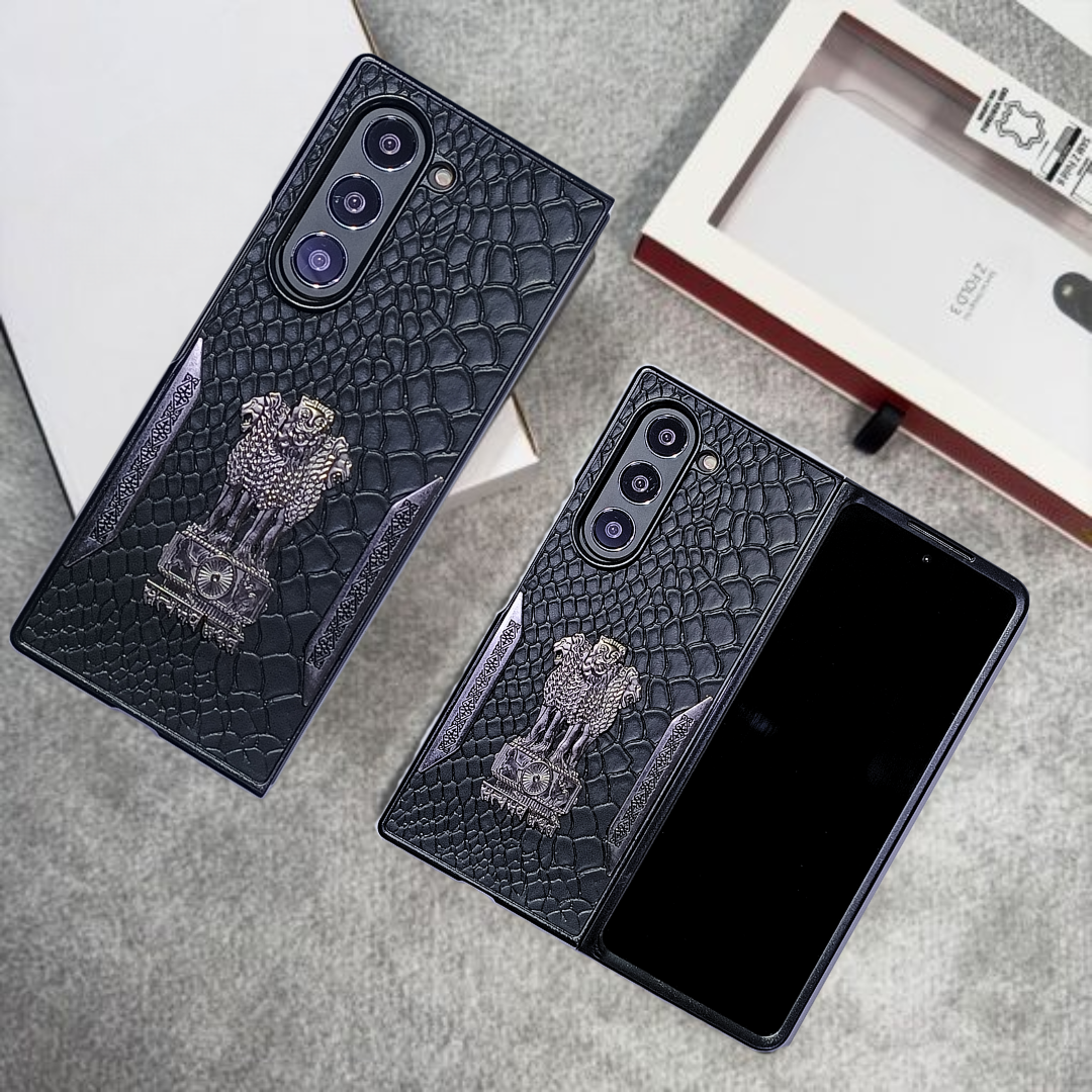 Black (Pattern 4) Satyameva Jayate embossed Leather Case for Samsung Galaxy Z Fold 5