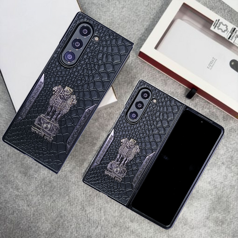 Black (Pattern 4) Satyameva Jayate embossed Leather Case for Samsung Galaxy Z Fold 5