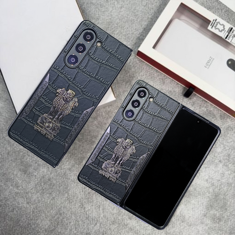Black (Pattern 5) Satyameva Jayate embossed Leather Case for Samsung Galaxy Z Fold 5