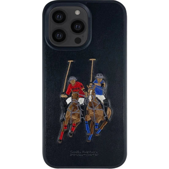 Black Leather Dual Horse rider Ornamented for Apple iPhone 14 Pro